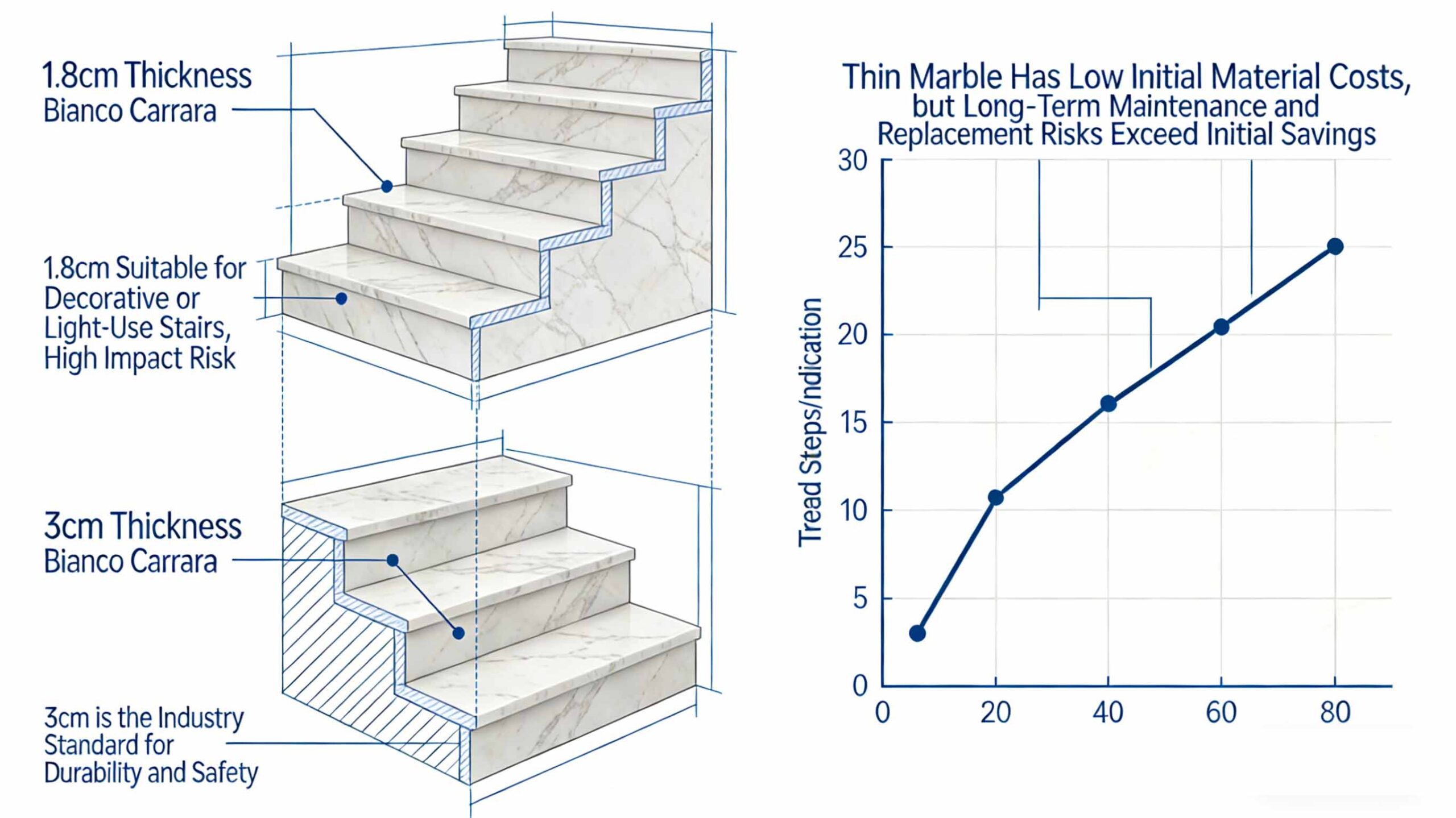 Comparing 1.8 cm vs 3 cm Bianco Carrara Marble for Stairs