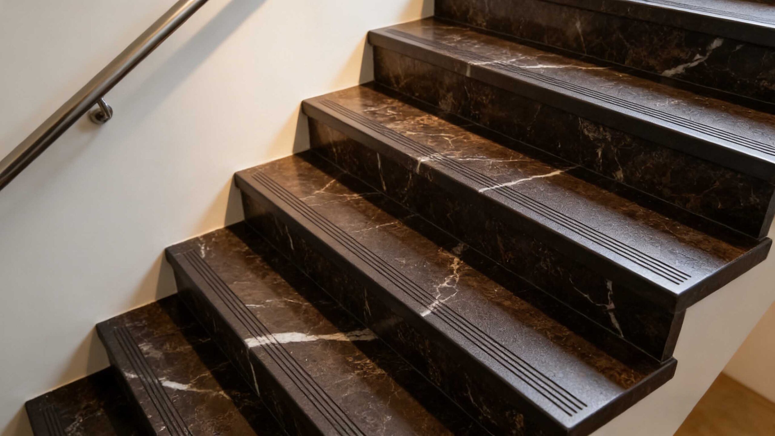 Luxury indoor staircase built with Emperador Dark Marble steps and glass railing