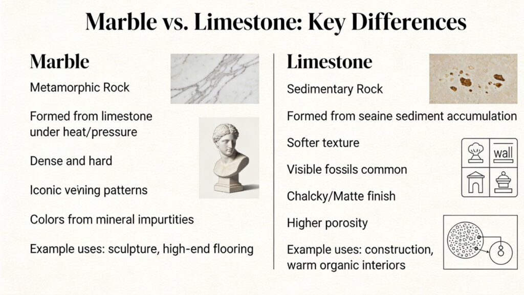 Two stone samples showing the difference between marble with gray veining and beige limestone, placed on a countertop for a real comparison of texture and appearance.
