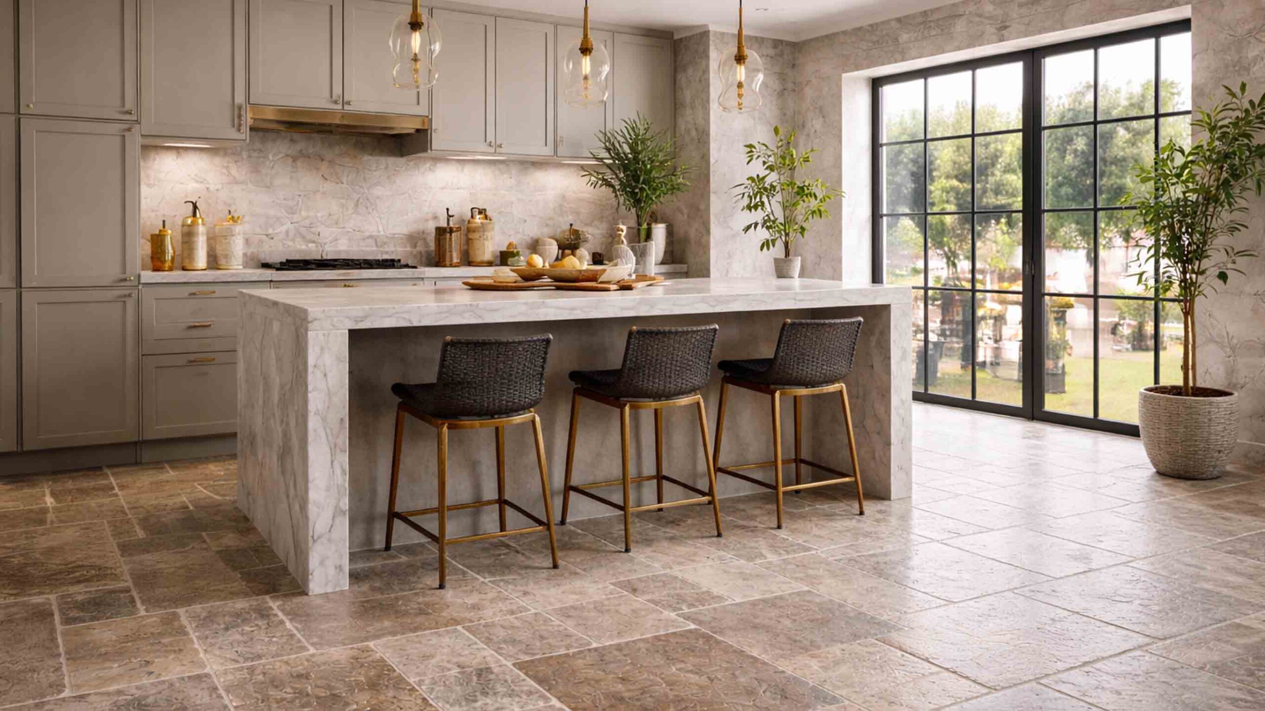 Modern living room featuring antique-inspired natural stone floor tiles paired with contemporary furniture and neutral décor.