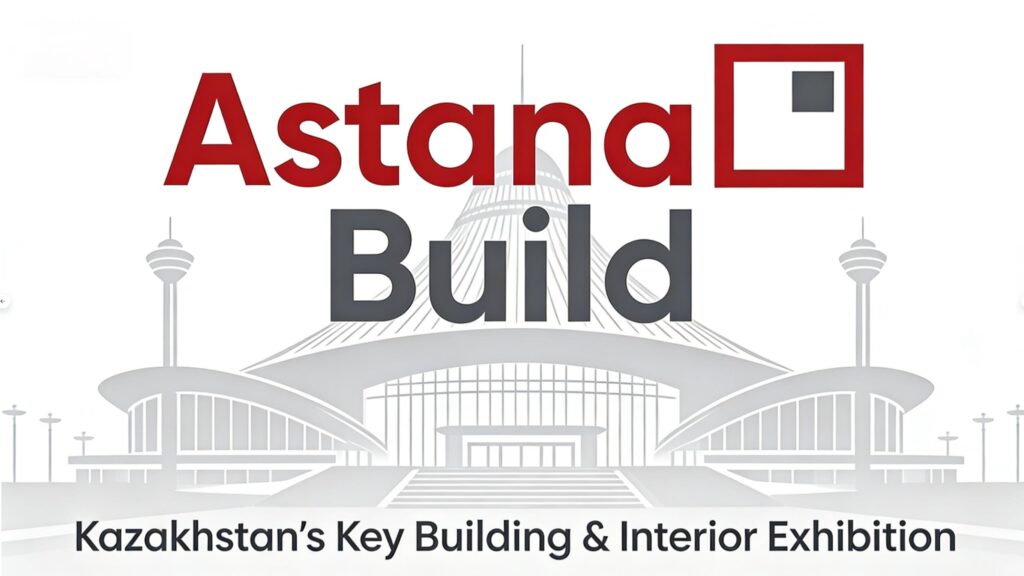 AstanaBuild 2026 exhibition hall in Astana showing construction and interior sourcing, stone slabs display, and B2B buyer meetings at EXPO IEC
