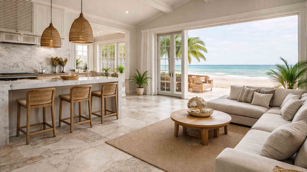 Open-plan beach house living room featuring natural travertine stone flooring designed for durable coastal living.