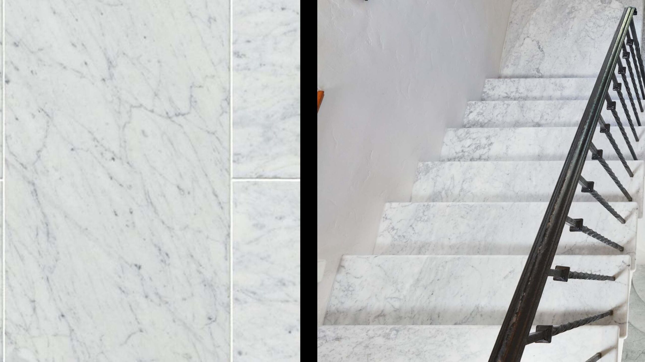 Bianco Carrara marble stair steps showing thickness comparison and professional installation details in a residential staircase.