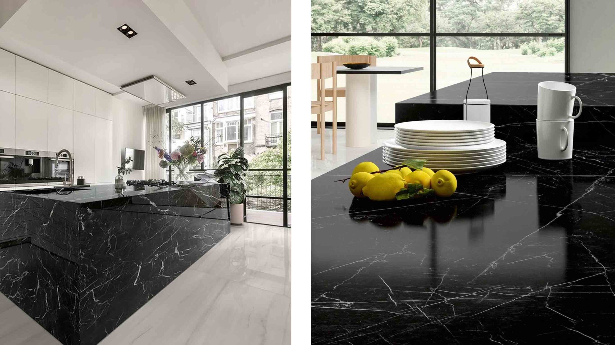 Black Marquina marble used for kitchen countertops, staircase treads, and bathroom vanity in a luxury residential interior
