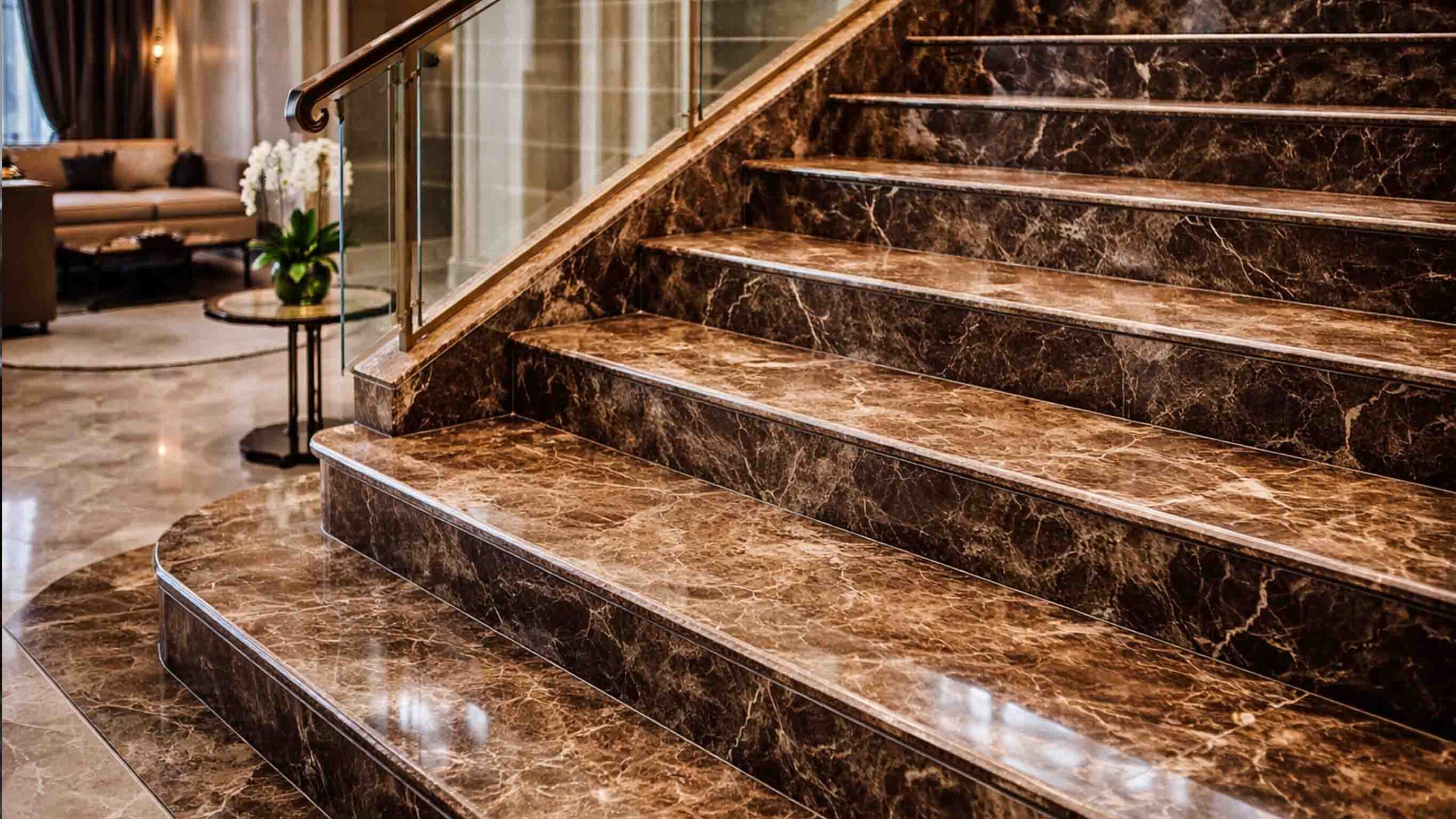 Emperador Dark Marble staircase with polished steps in a luxury residential interior