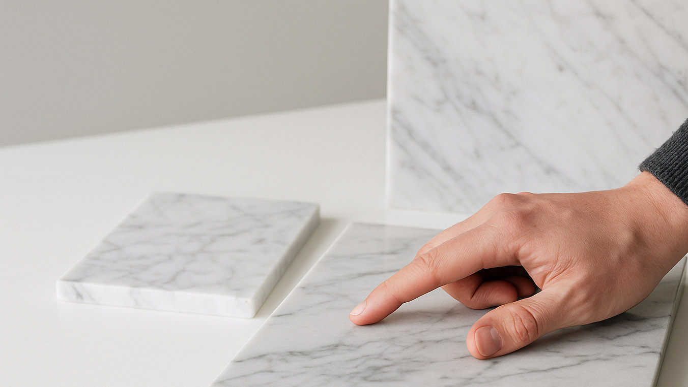 A hand touching a white marble sample to inspect natural veining patterns, showing how to tell real marble from fake marble through texture and visual depth.