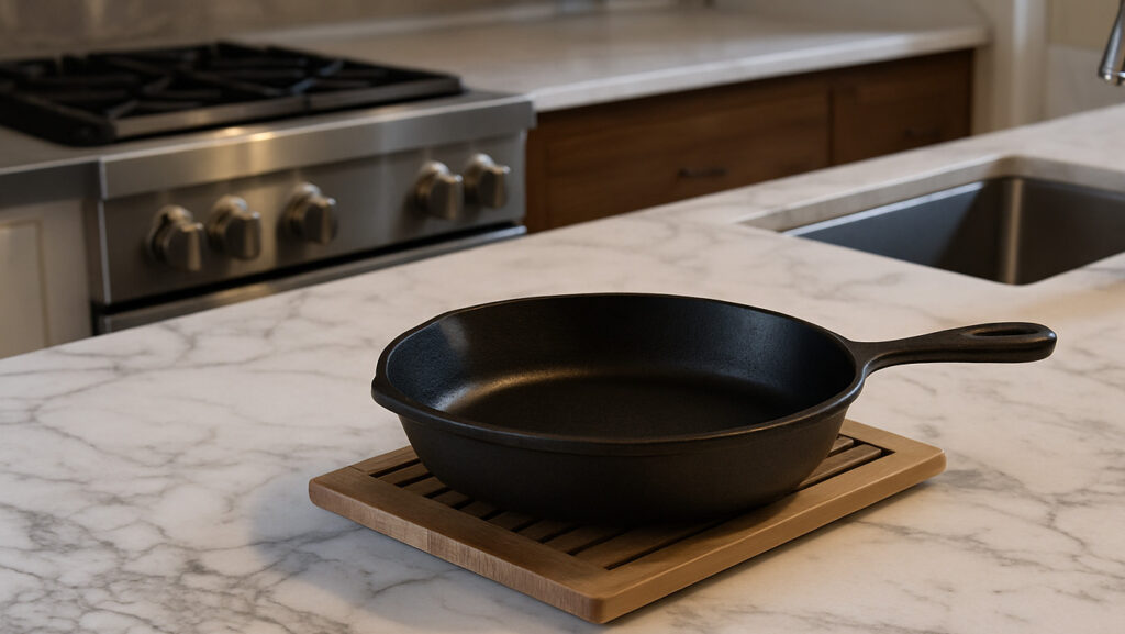 A black cast iron pan resting on a wooden trivet placed on a white marble countertop, showing proper heat-safe use in a modern kitchen setting.