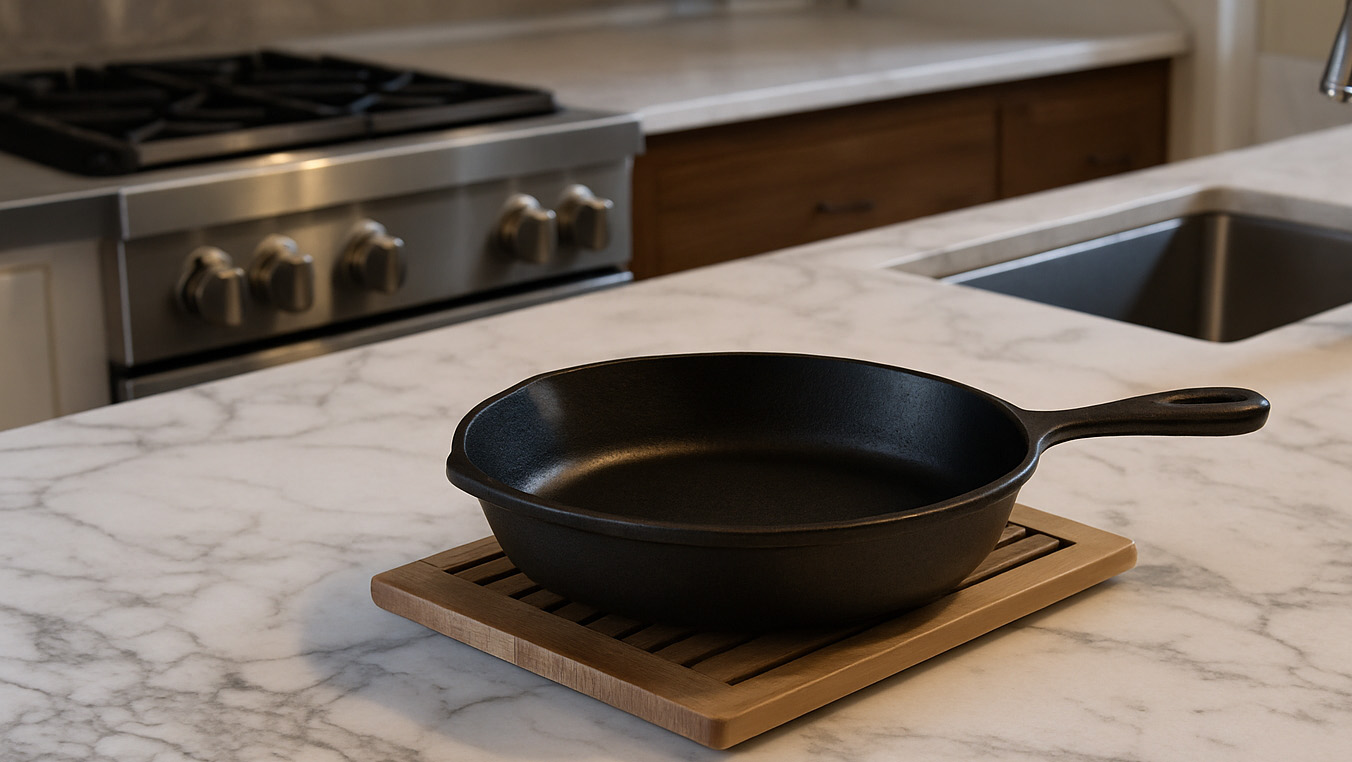 A black cast iron pan resting on a wooden trivet placed on a white marble countertop, showing proper heat-safe use in a modern kitchen setting.