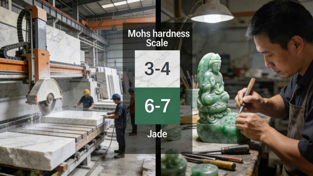 Comparison of marble and jade stone showing architectural marble slabs and tools versus jade jewelry and carvings, highlighting differences in material properties and applications