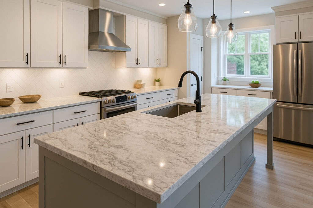 A modern kitchen with a large marble-look countertop island, showcasing a real-life example for a countertop selection guide.