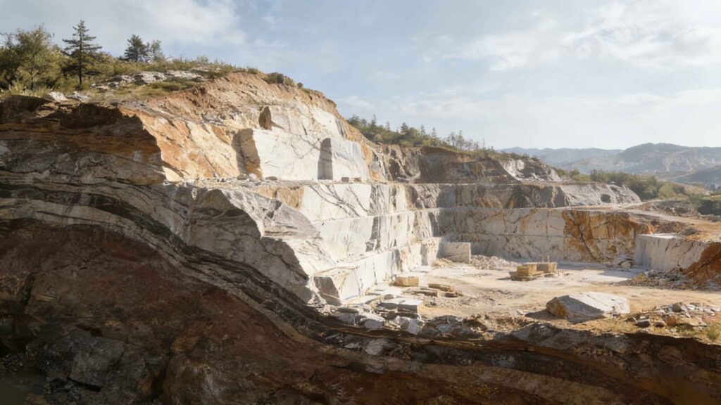 Natural marble quarry showing block extraction and processing, illustrating the marble supply chain from quarry to architectural use.