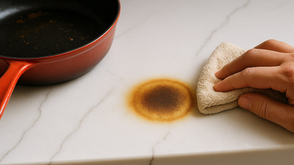 Hand cleaning a burn mark on a white quartz countertop beside a hot red skillet, showing heat damage on the surface.
