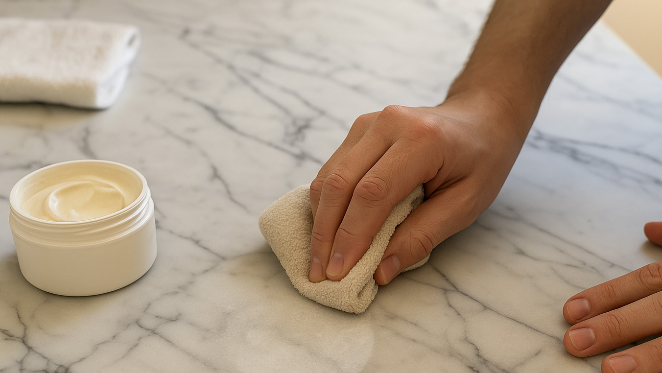 Hand polishing heat marks on a white marble surface using a microfiber cloth and stone-safe polishing cream.