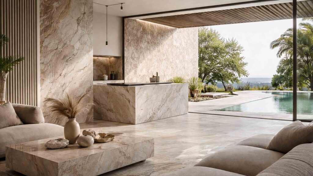 Modern natural stone interior with seamless indoor-outdoor design, reflecting stone design trends for 2026 in residential architecture.