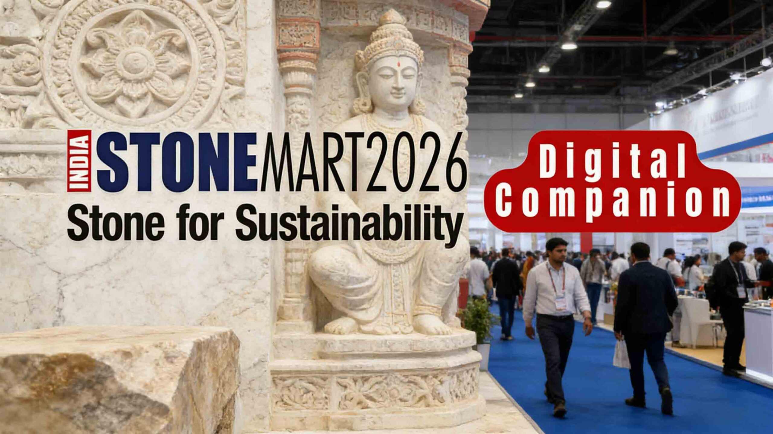 International buyers and stone manufacturers inspecting marble and granite slabs at Stonemart 2026 in Jaipur, India
