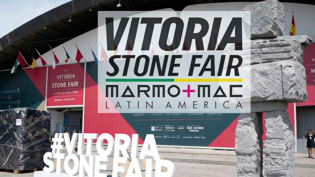 Natural stone slabs displayed at Vitoria Stone Fair 2026 in Brazil, highlighting global stone industry trade and material innovation
