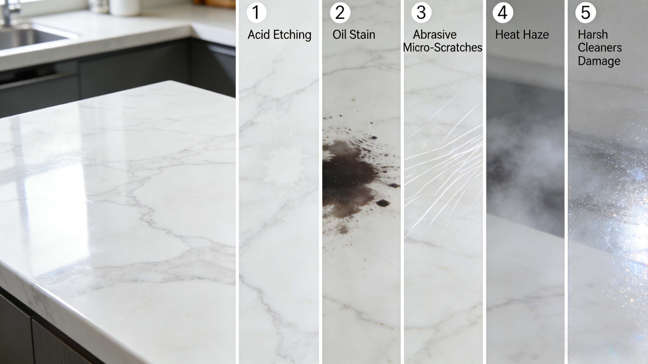 White marble kitchen countertop showing common damage such as wine staining, acid etching, and heat marks from daily cooking
