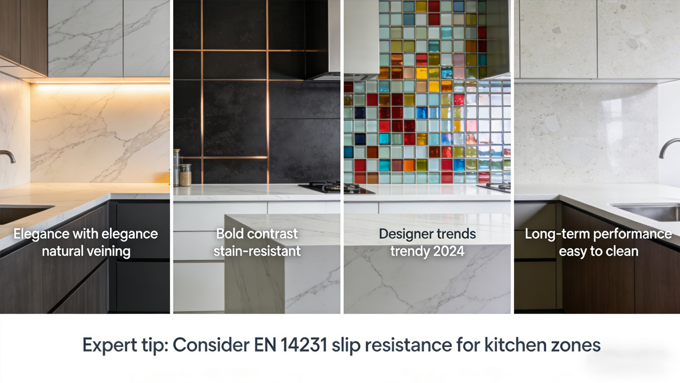 Modern kitchen with white marble countertops paired with a white subway tile backsplash and matte black faucet in a bright, clean interior.