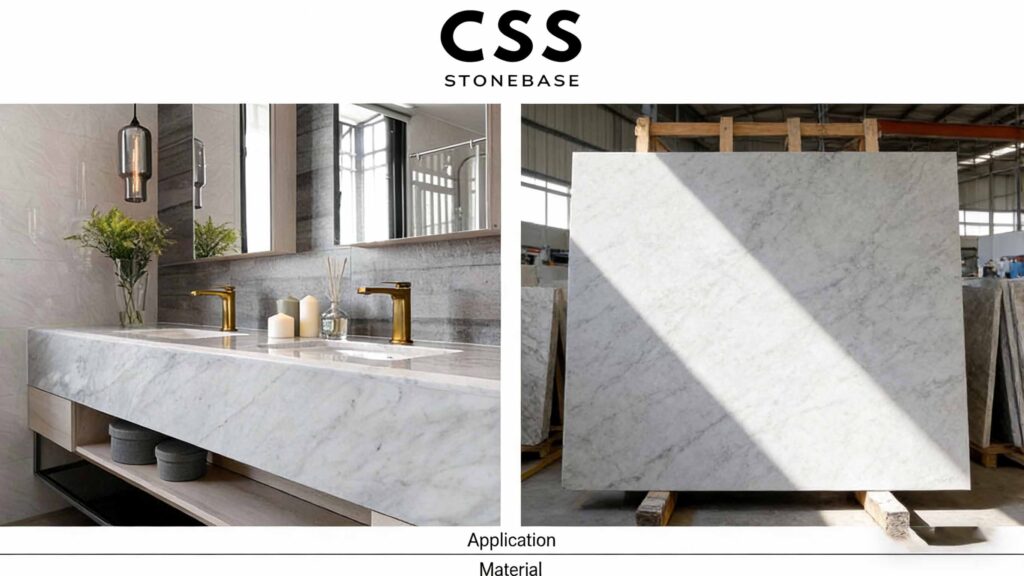Bianco Carrara marble slabs being evaluated in a stone showroom during a real-world buying and selection process