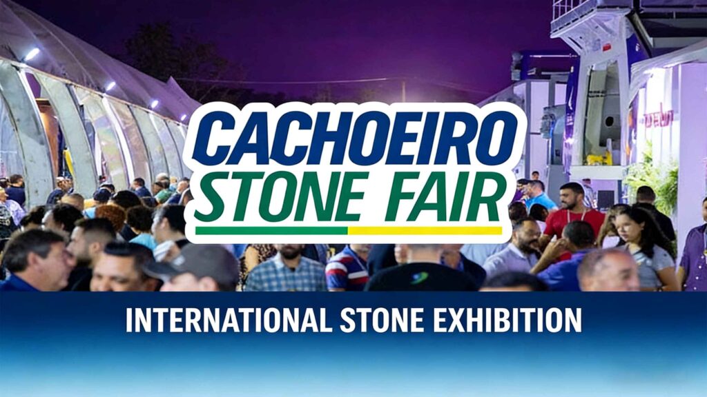 International buyers inspecting marble and granite slabs at Cachoeiro Stone Fair 2025 in Brazil, showcasing large-scale natural stone sourcing