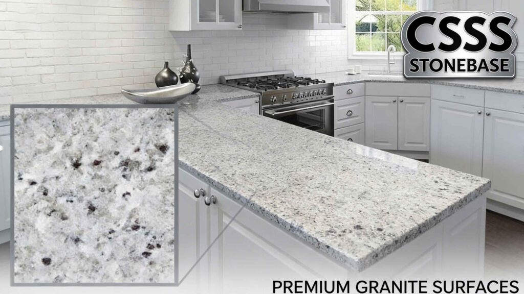 Cotton White Granite kitchen countertop with subtle gray veining in a modern home