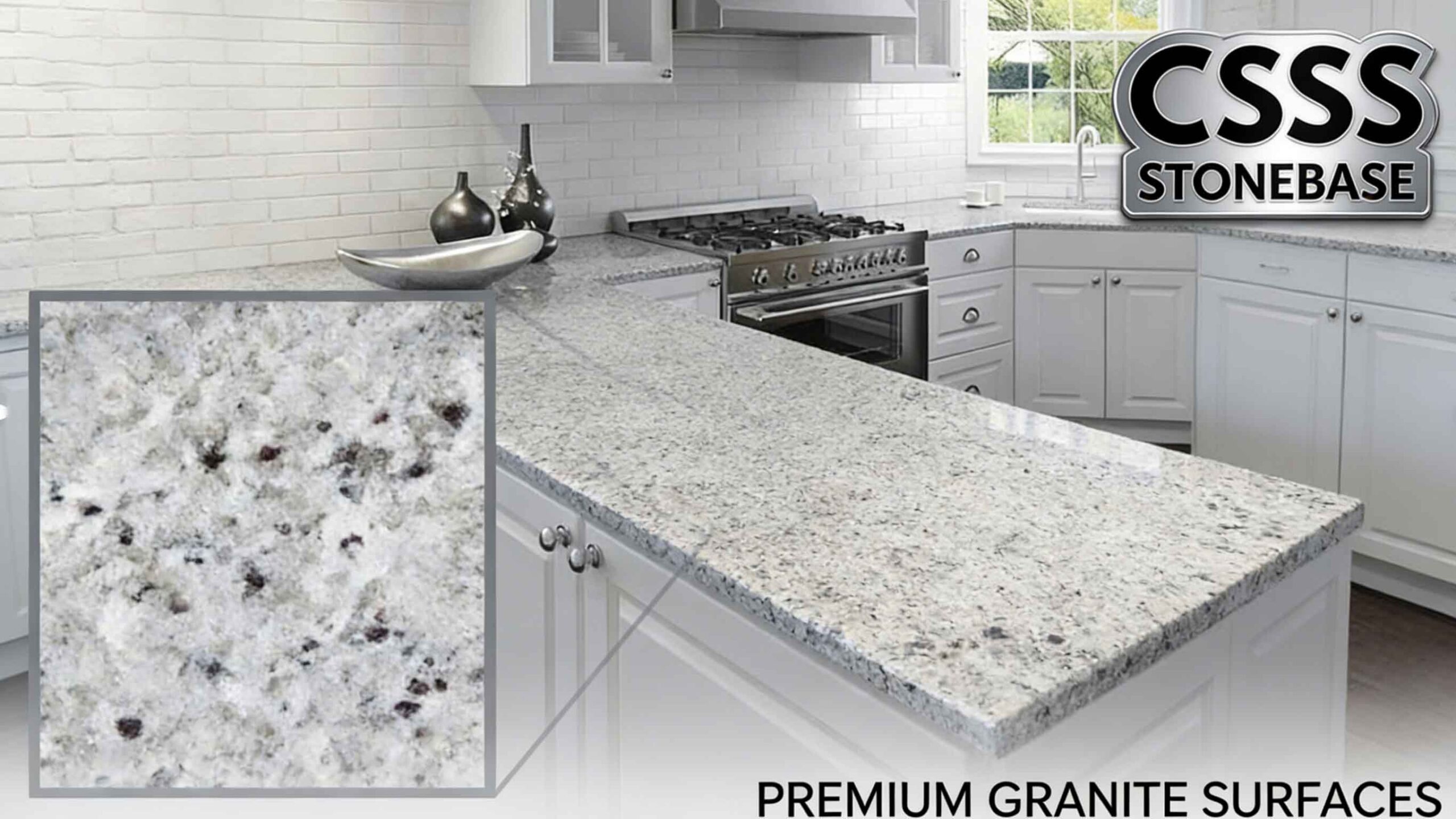 Cotton White Granite kitchen countertop with subtle gray veining in a modern home