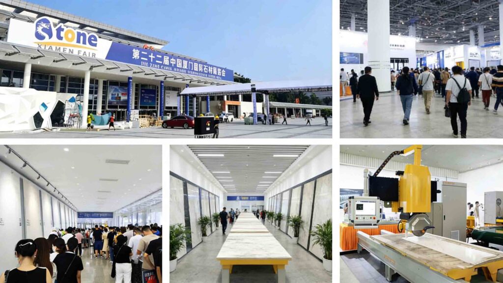 Buyers planning a show route and reviewing stone samples at Xiamen Stone Fair 2026