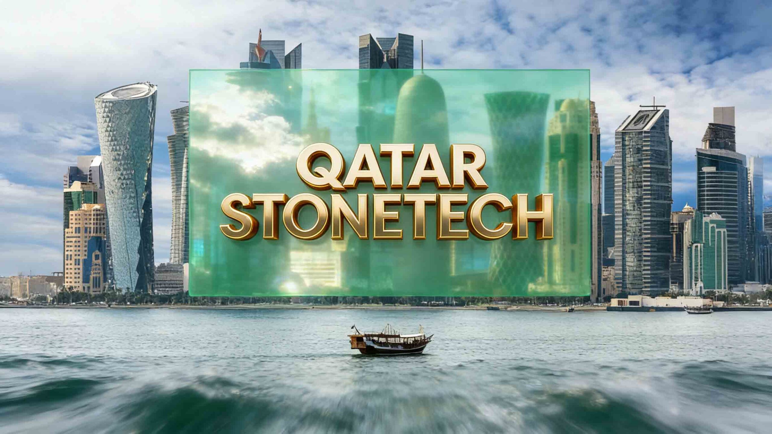 Industry professionals inspect marble samples while automated stone processing equipment operates at a Doha Qatar exhibition hall