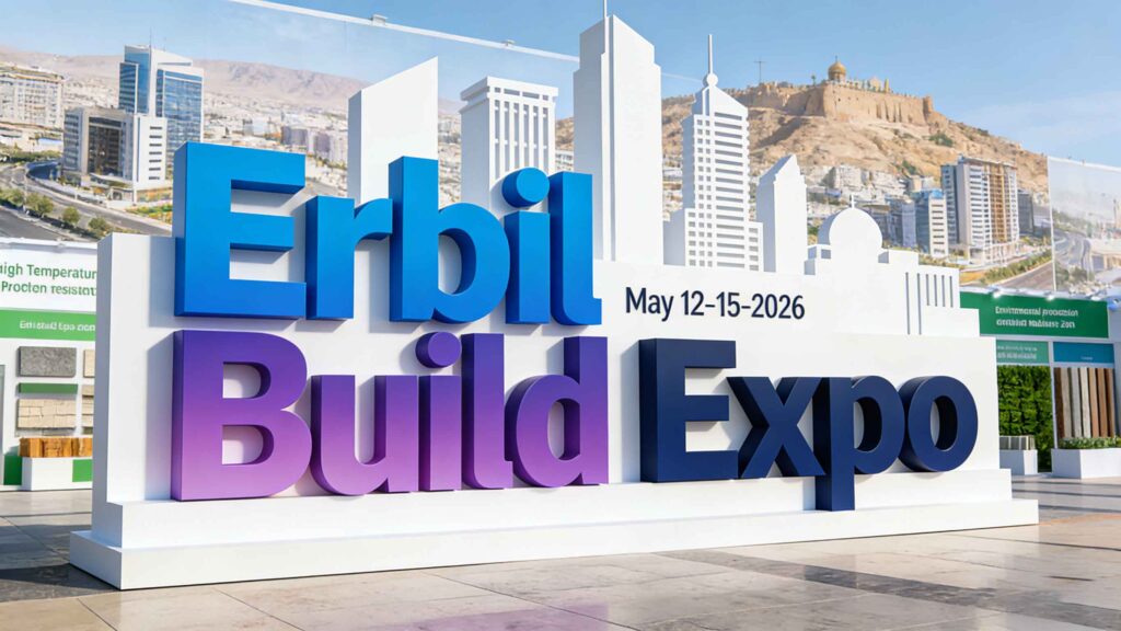 Erbil Build Expo 2026 exhibition floor in Erbil, Iraq with building materials displays, stone slabs, and construction machinery networking