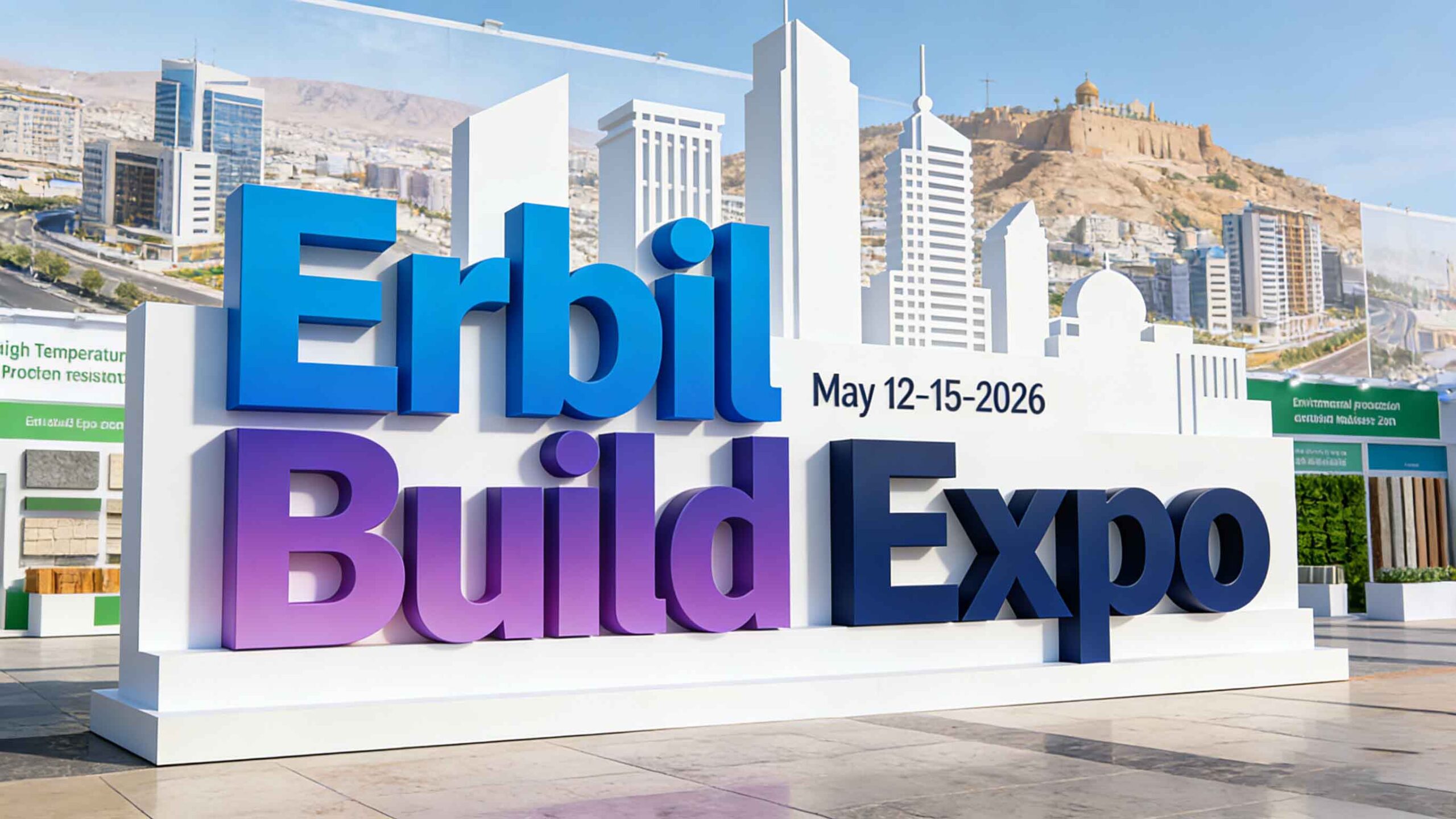 Erbil Build Expo 2026 exhibition floor in Erbil, Iraq with building materials displays, stone slabs, and construction machinery networking