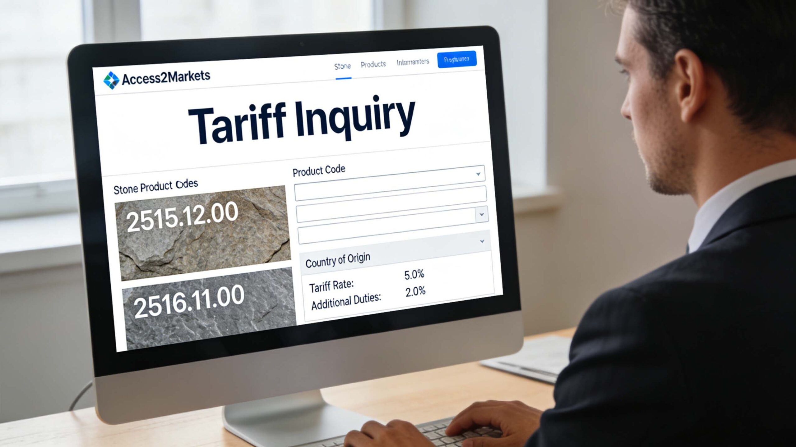 Granite, marble, and quartz slabs at a container port beside a laptop showing the EU TARIC tool, illustrating a quick method to check EU stone import duties.