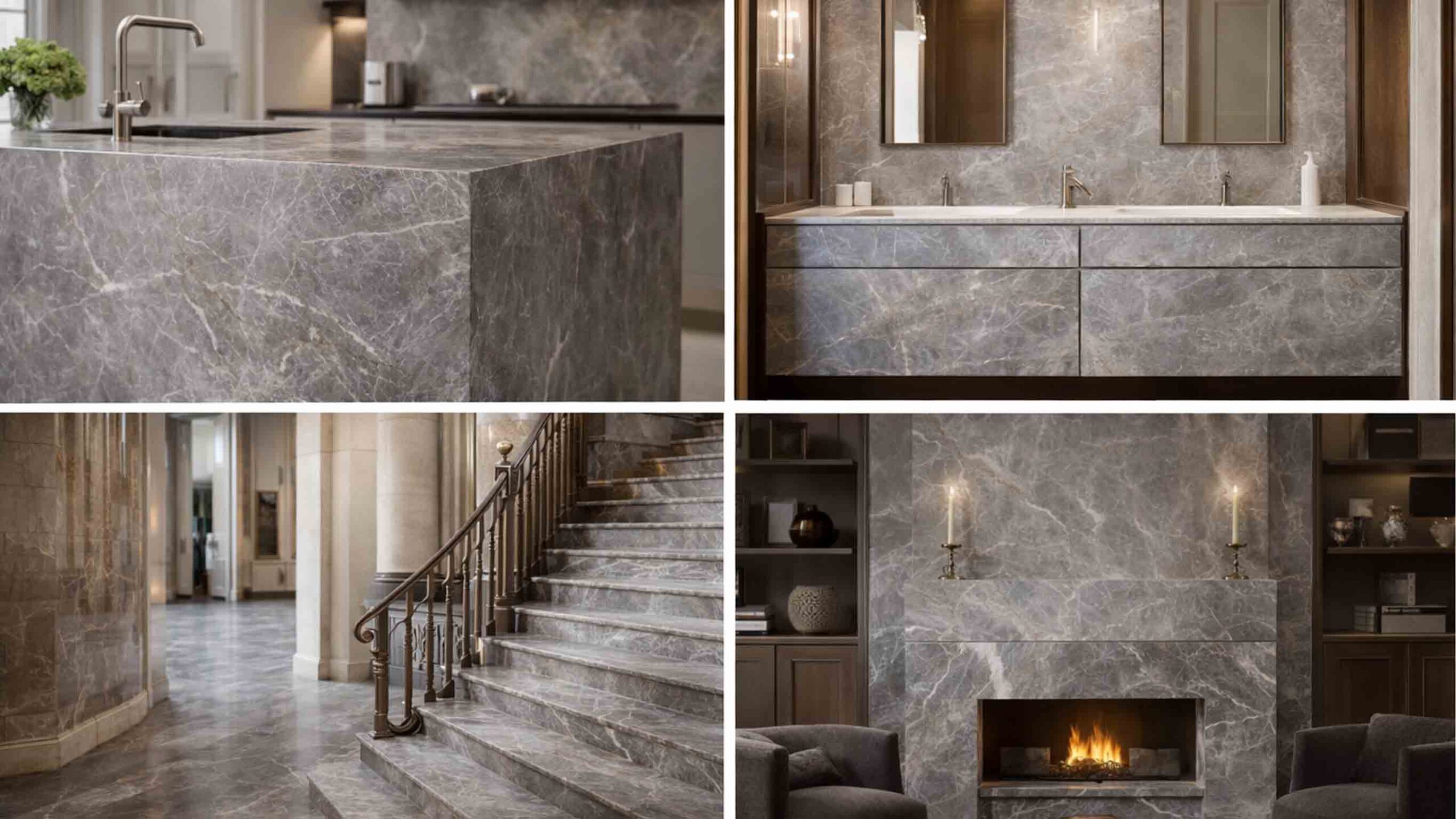 How Is Fior Di Bosco Marble Used in High-End Architecture and Interior Design? 3 Fior Di Bosco grey marble used in kitchen island, bathroom vanity, staircase flooring, and fireplace wall in luxury interior spaces