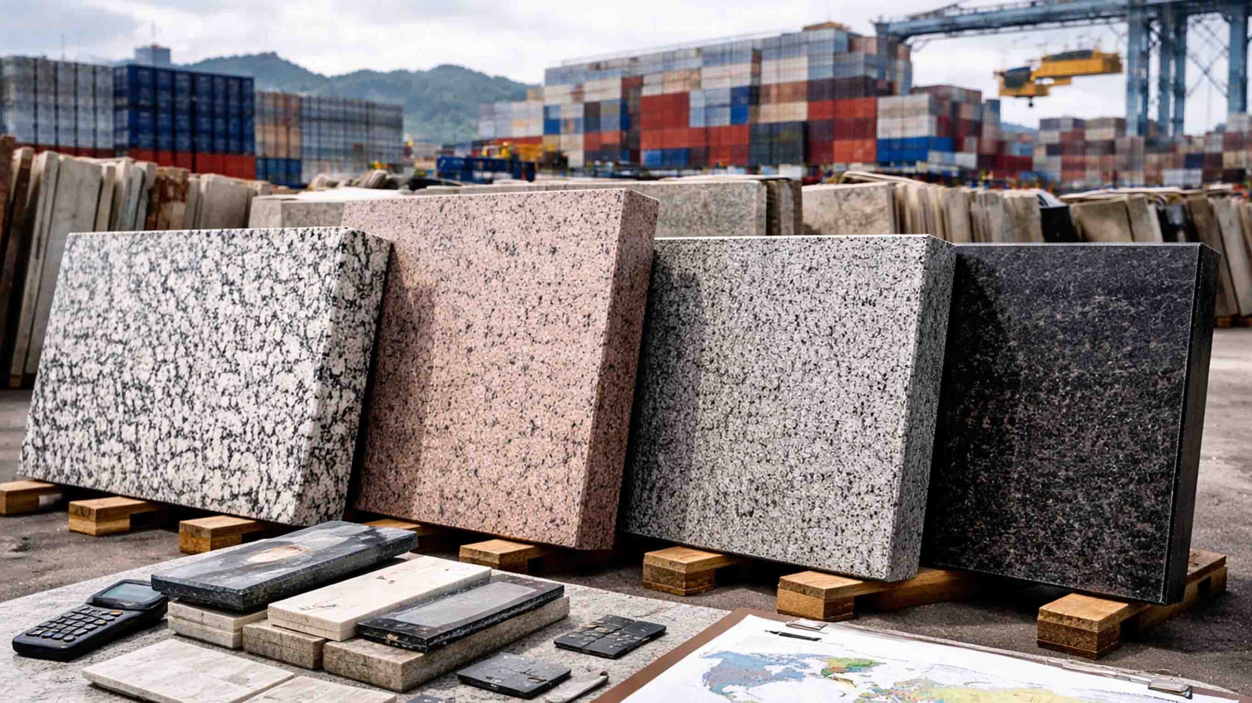 Granite slabs staged in a stone yard with container port background and procurement documents, representing a 2026 country-by-country granite tariff guide for importers.