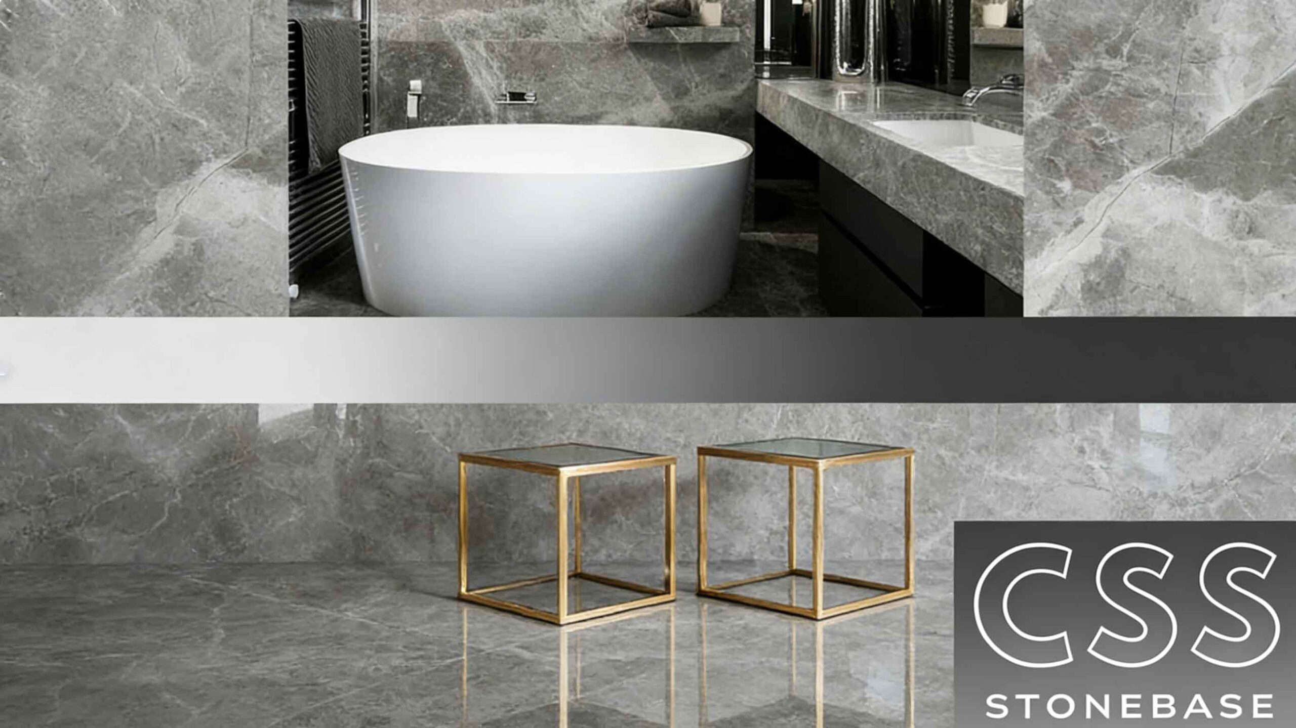 Grey Emperador marble applied in a large modern interior, showing how dark marble creates visual grounding and spatial stability