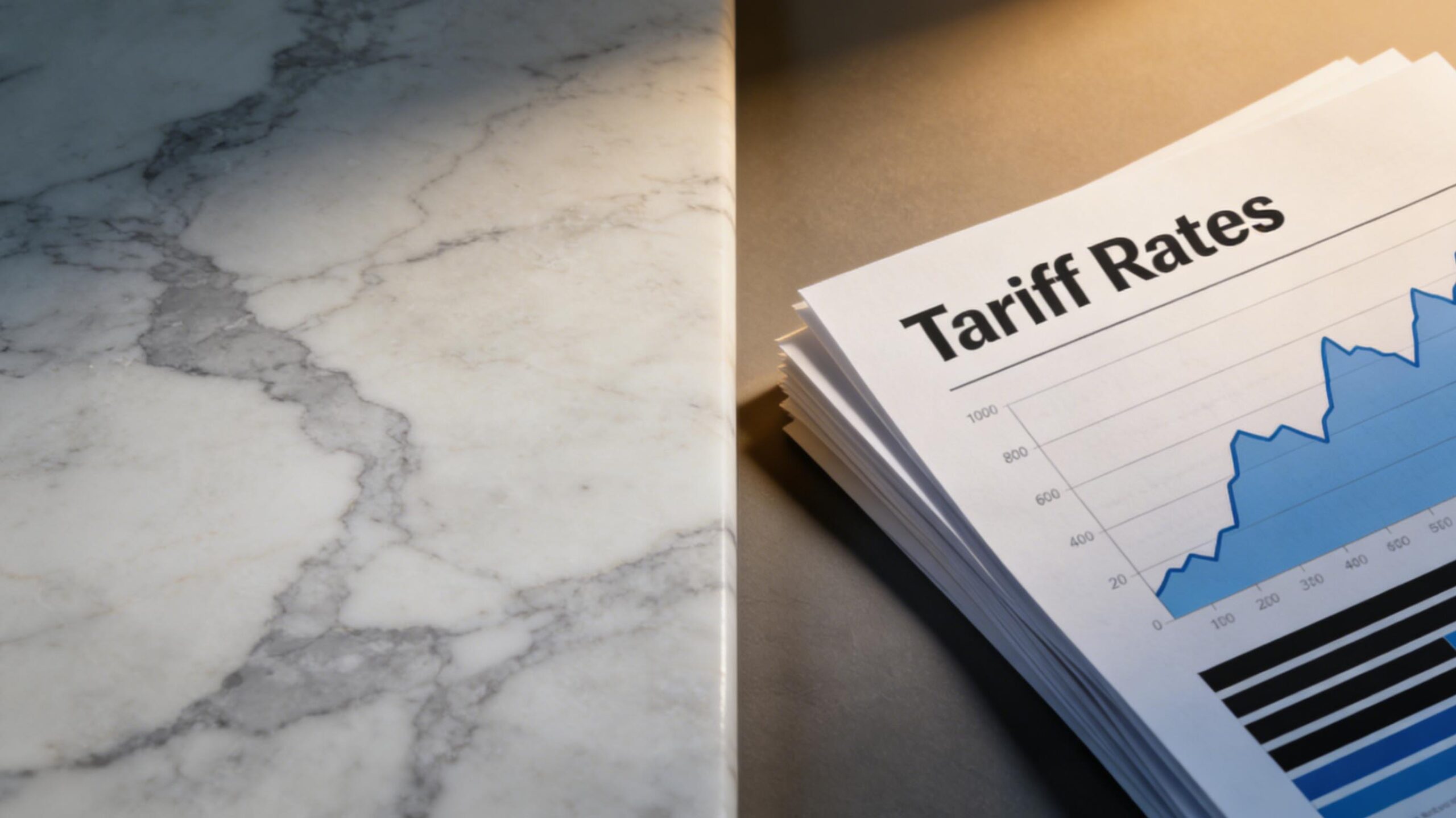 Marble slabs and sample tiles near a world map and inspection tools at a container port, highlighting HS code classification and import compliance for 2026 marble duty planning.