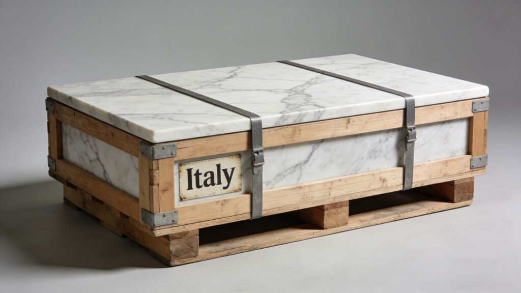 White marble slabs on export pallets in a container yard with commercial invoice, packing list and ISF paperwork on clipboards, illustrating a U.S. marble import documentation checklist.