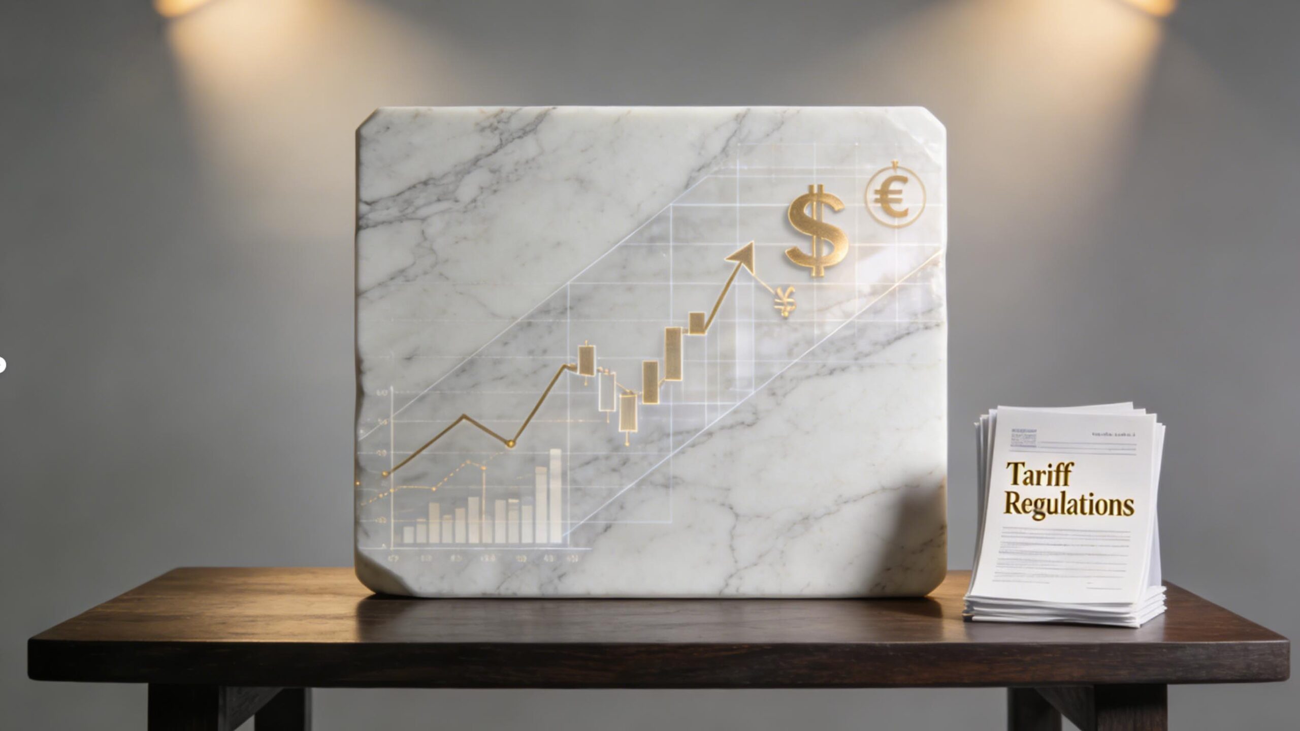 Marble slabs staged at a container port with a world map and documents, illustrating a 2026 country-by-country guide to marble import tariffs and landed cost planning.
