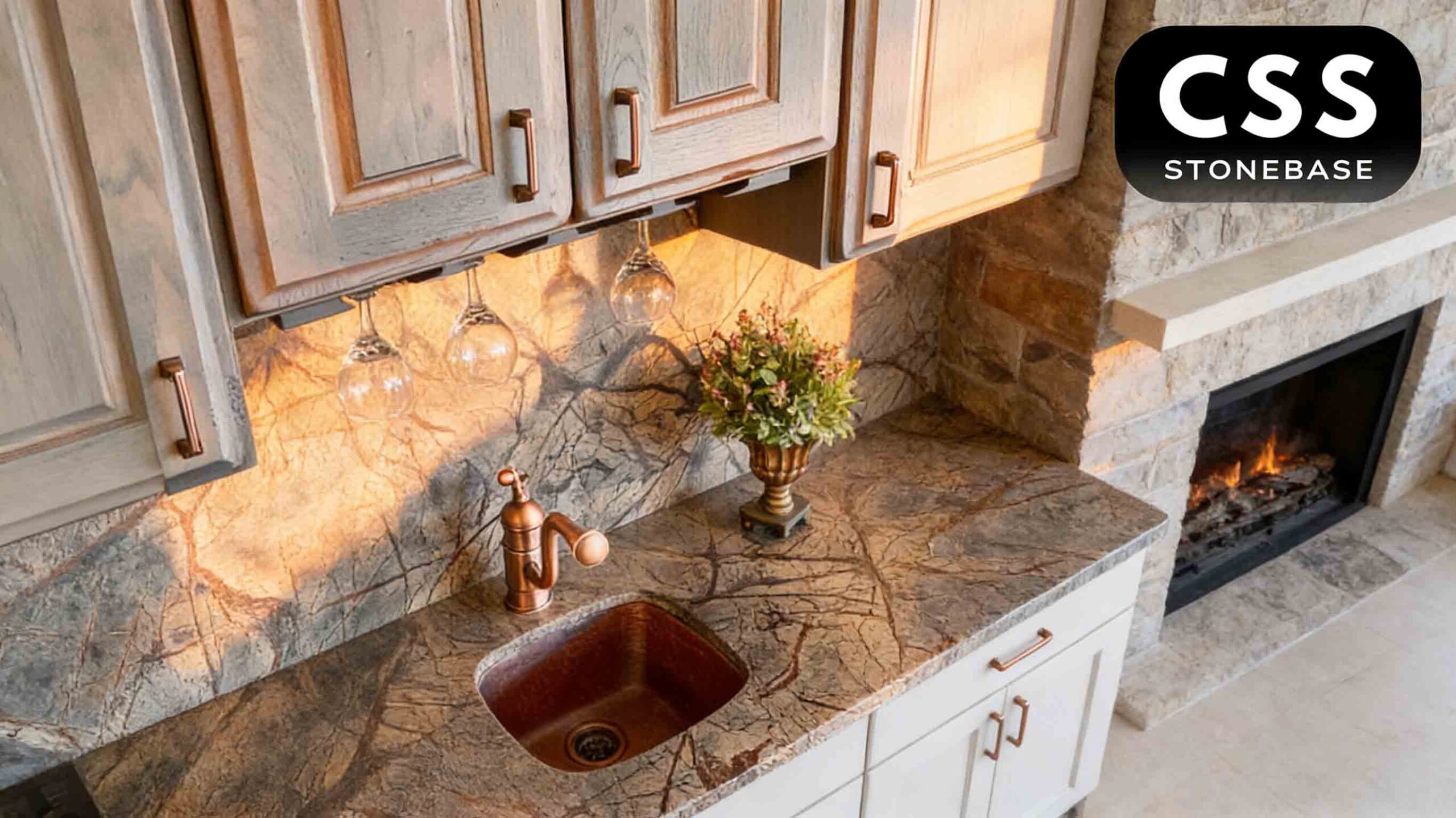 Rainforest Brown Marble used in interior wall and flooring applications, showing natural brown veining and forest-like patterns