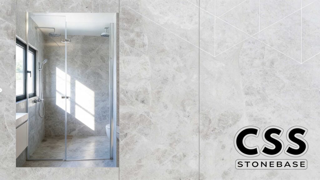 Silver Shadow marble slabs used in a modern interior space, highlighting calm grey tones and low-contrast marble application