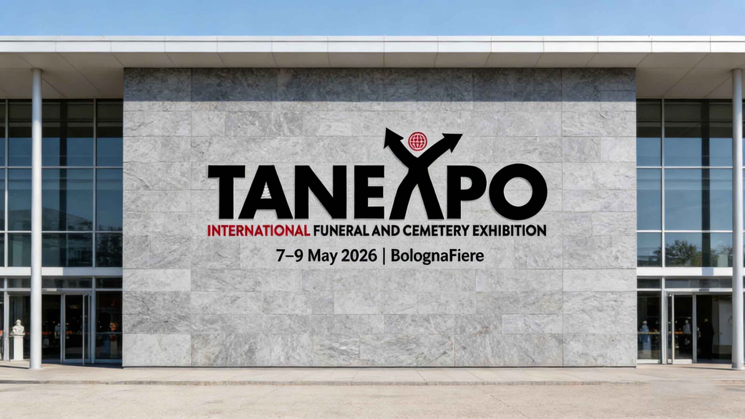 TANEXPO 2026 exhibition floor in Bologna showing funeral and cemetery products, memorial stone displays, and cremation equipment demonstrations