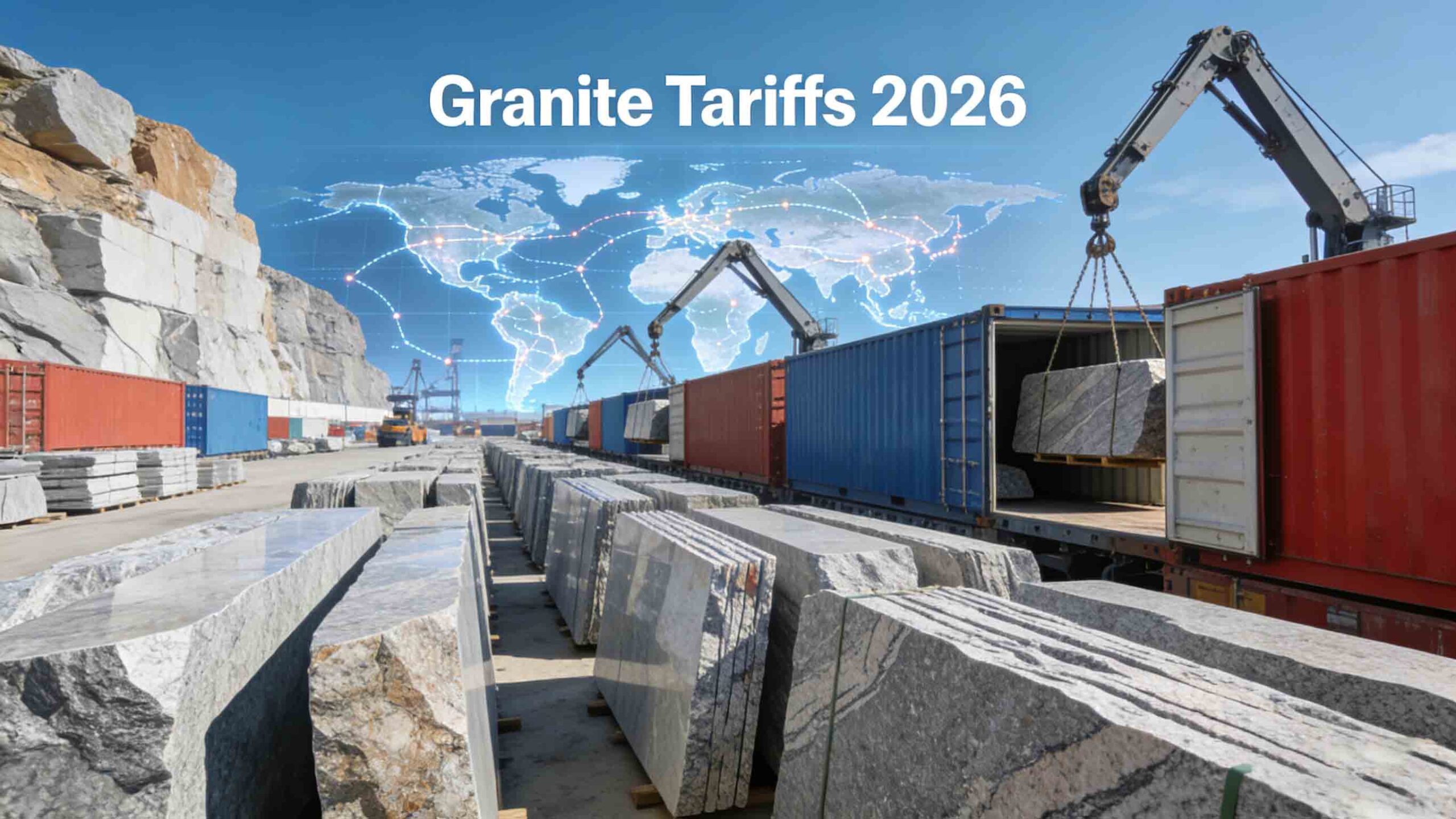 Wholesale granite slabs in an export-ready yard with samples and paperwork, symbolizing landed-cost calculations and tariff planning for 2026 imports.
