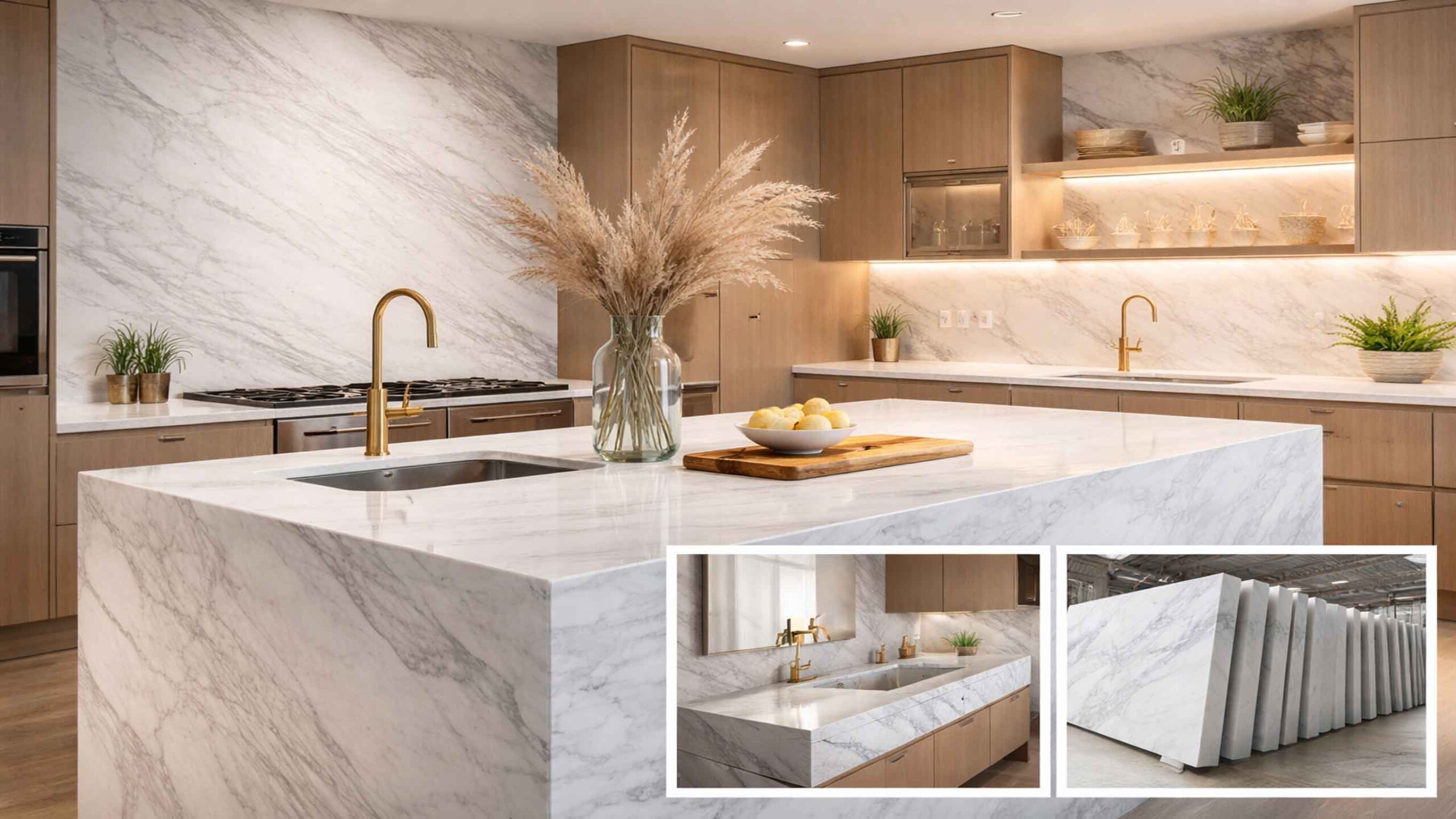 Quiet-luxury kitchen featuring Volakas Marble island countertop and marble backsplash with soft grey veining