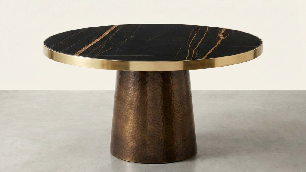 Polished Sahara Noir marble top on a round coffee table showing how lighting reflections change across the surface.