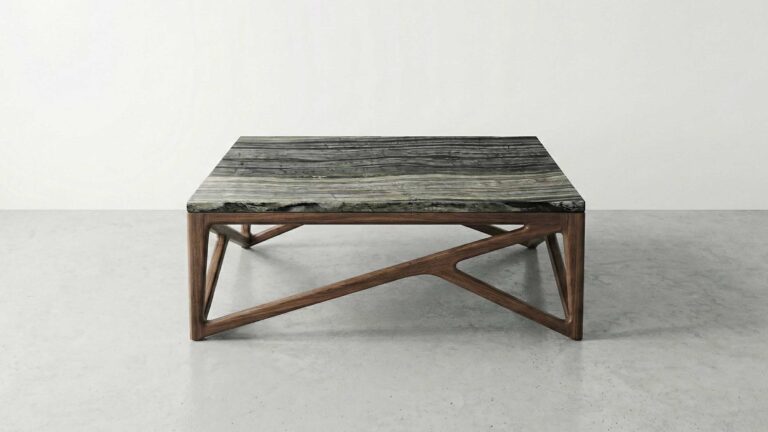 Blog 62 Modern square coffee table with marble top and refined edge detailing.