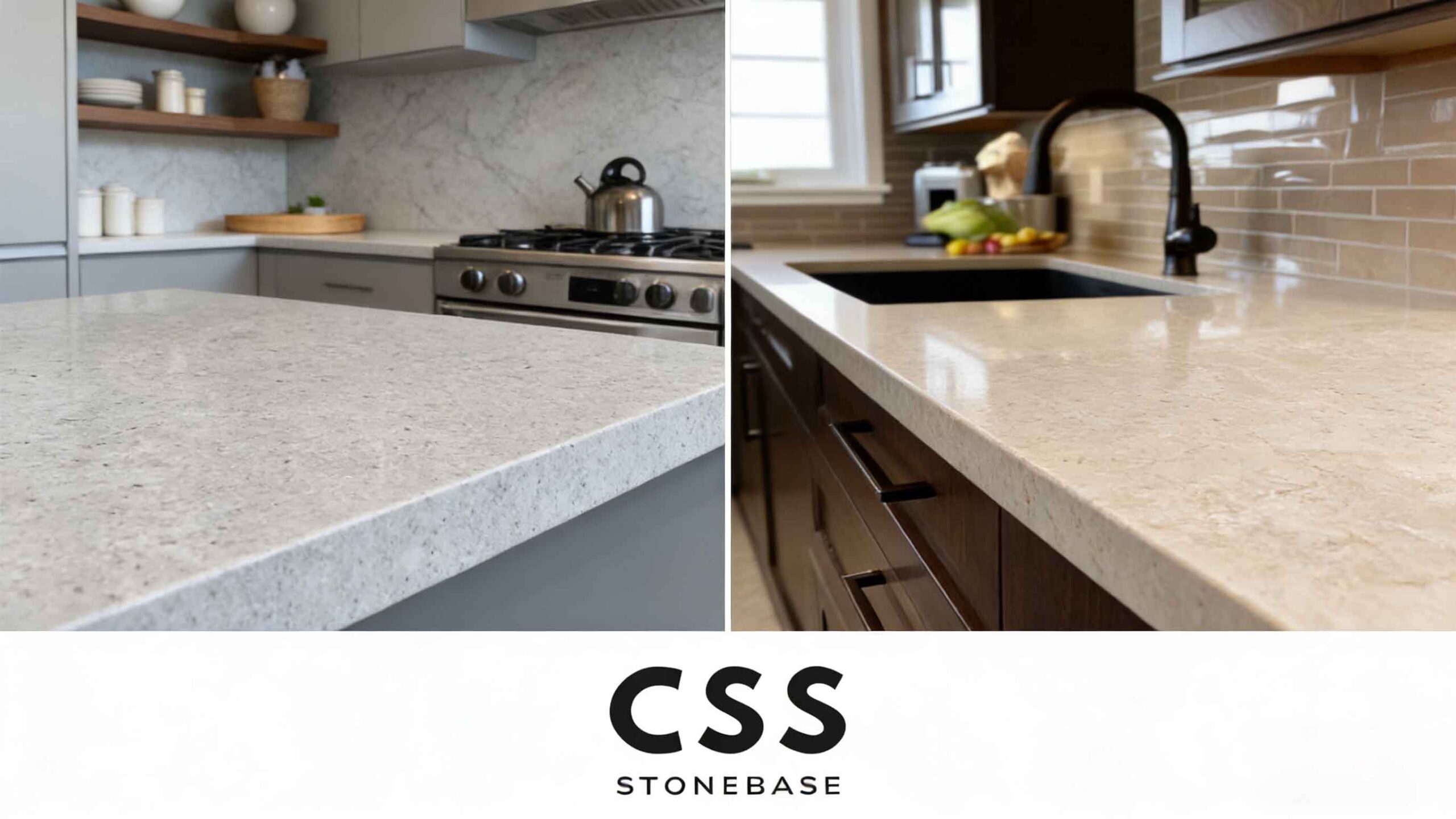 Contemporary kitchen with quartz countertop, white shaker cabinets, and natural stone finishes.