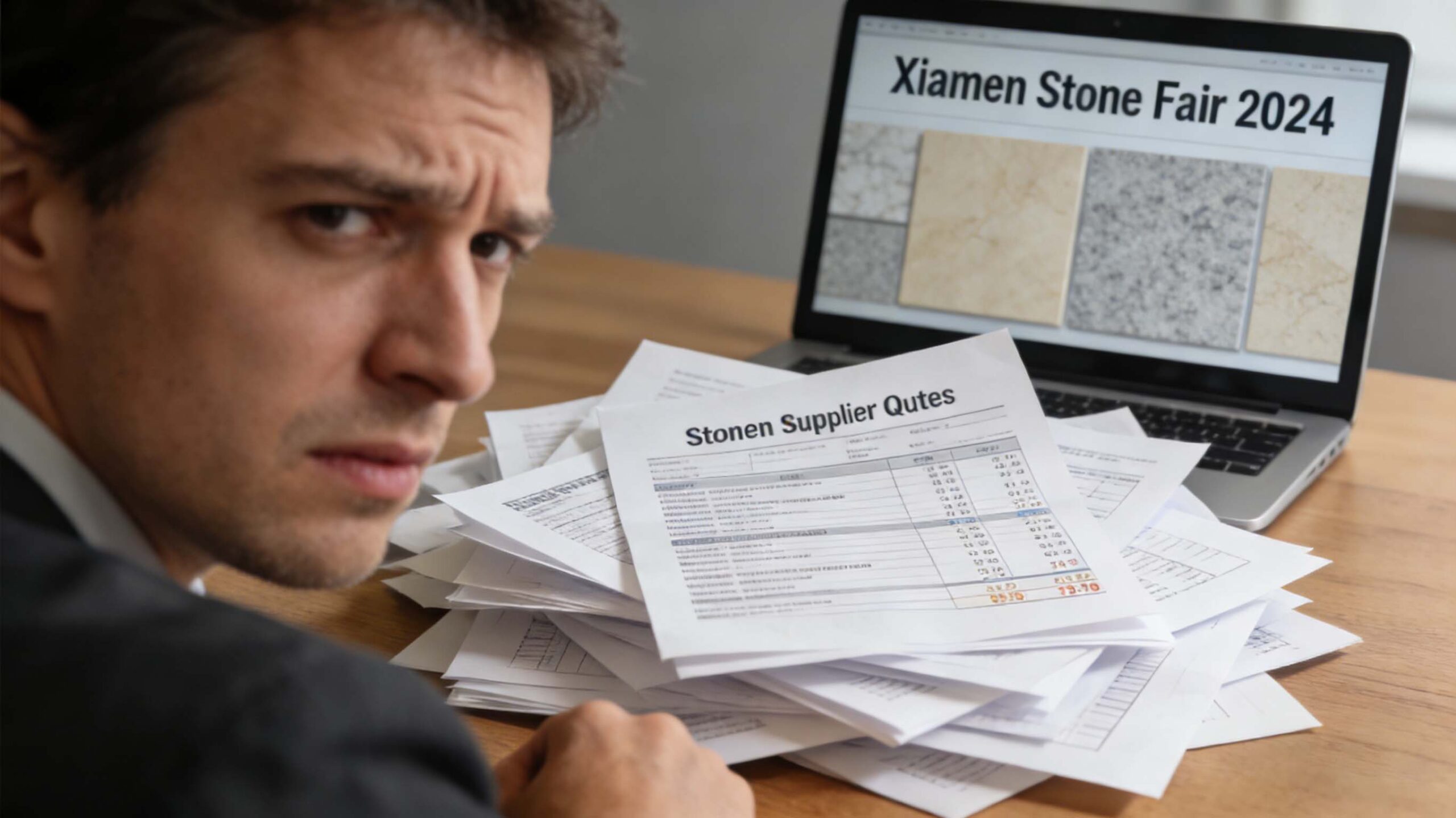International buyers comparing stone supplier quotes at Xiamen Stone Fair using a structured comparison sheet