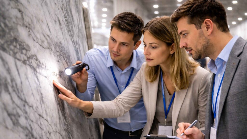 Buyers performing stone quality inspection at a trade fair by checking slab veins, cracks, surface finish, and thickness tolerance with a flashlight