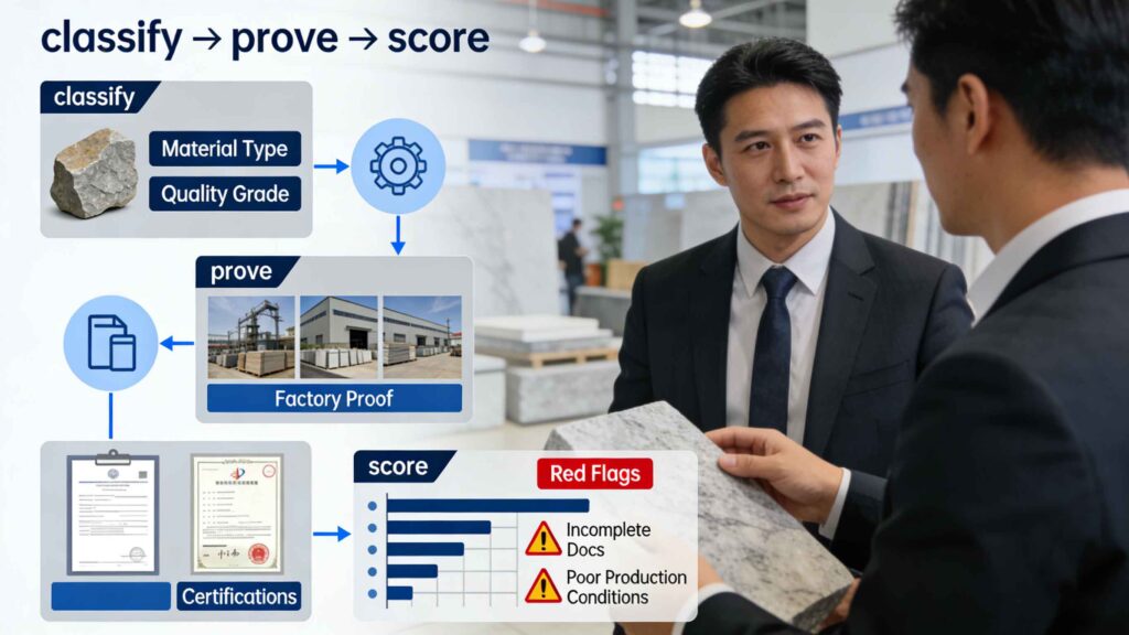 Buyers reviewing factory proof and ISO certifications at Xiamen Stone Fair 2026