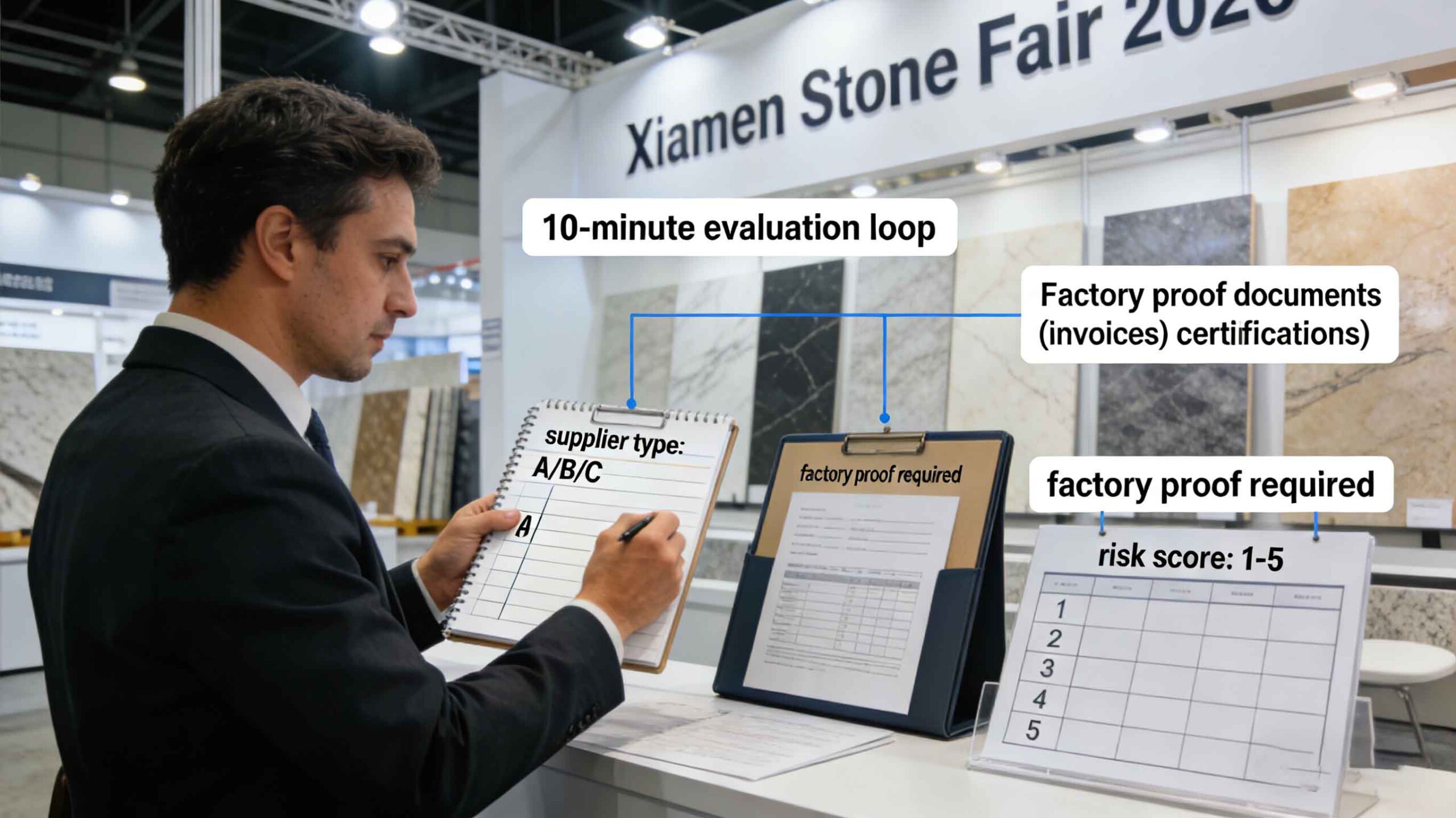 Buyer reading a supplier evaluation checklist on a laptop at a trade show