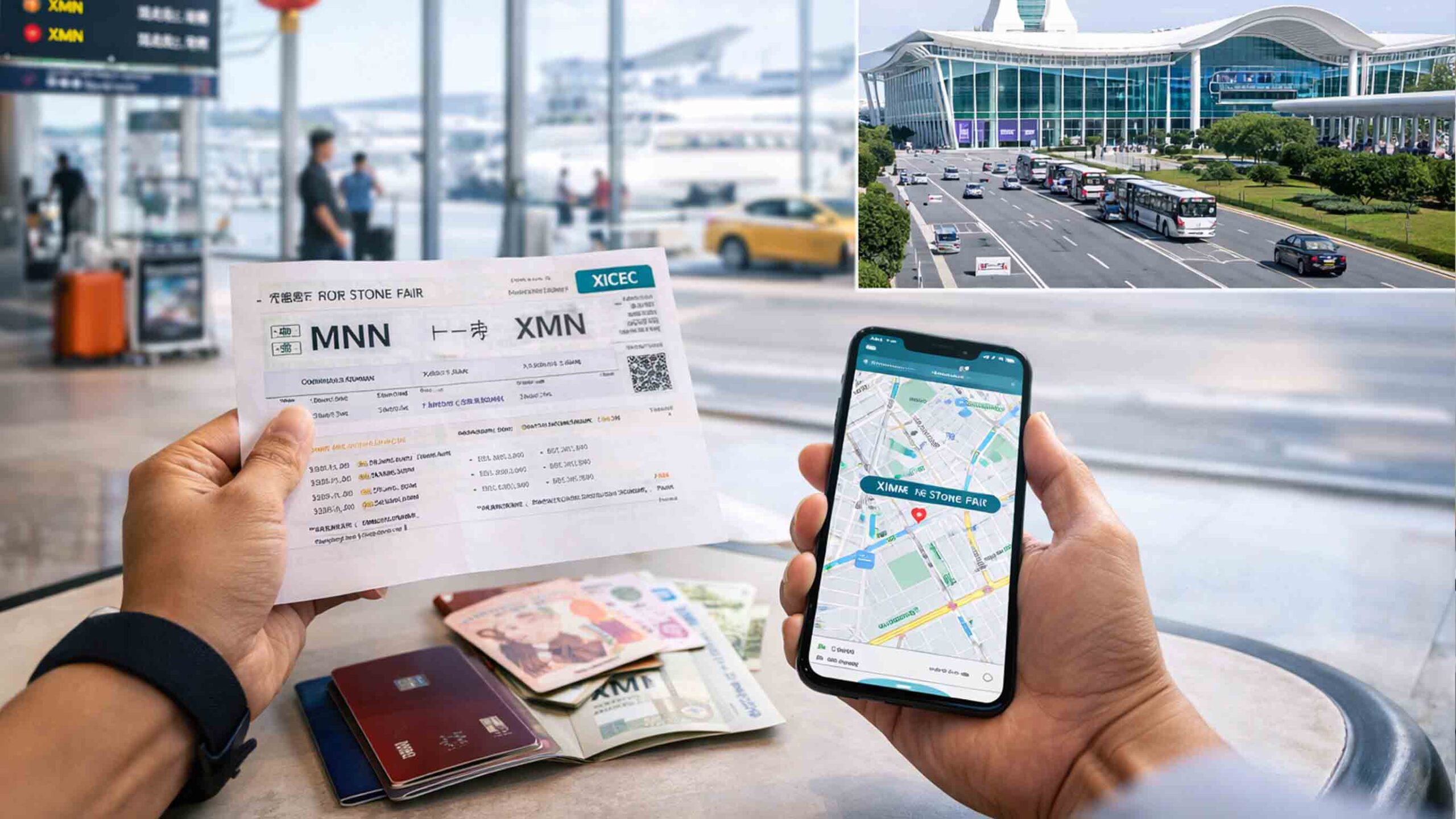 Travel collage showing flight check-in, China visa-free transit notice, taxi navigation in Xiamen, and itinerary planning for Xiamen Stone Fair 2026